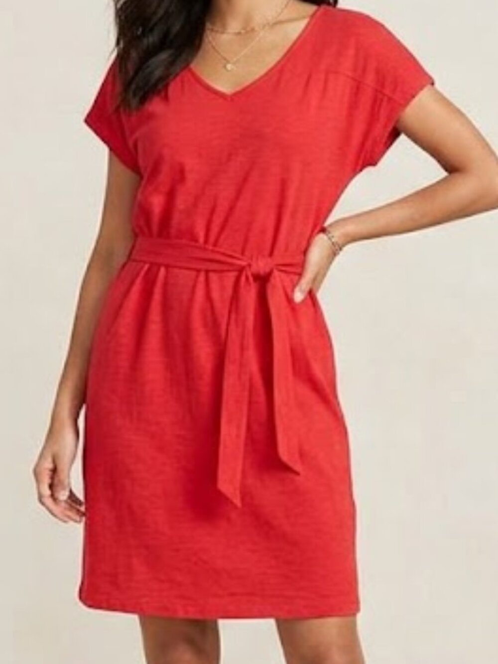 Red Cotton Blend Midi Dress V-Neck Tie Waist Size Medium